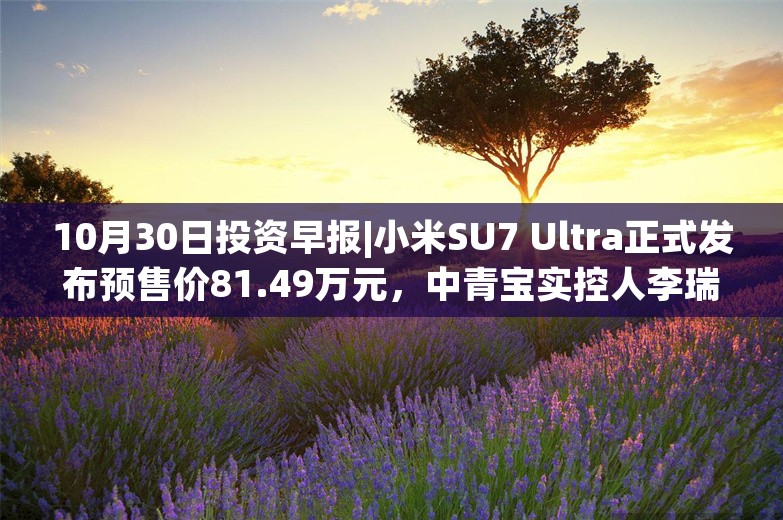 10月30日投资早报|小米SU7 Ultra正式发布预售价81.49万元，中青宝实控人李瑞杰被证监会立案调查，阳光照明第三季度净利润同比增长3105.53%