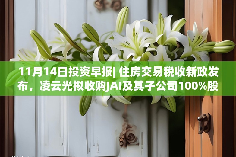 11月14日投资早报| 住房交易税收新政发布，凌云光拟收购JAI及其子公司100%股权，京东方A获工商银行7亿元贷款支持股份回购